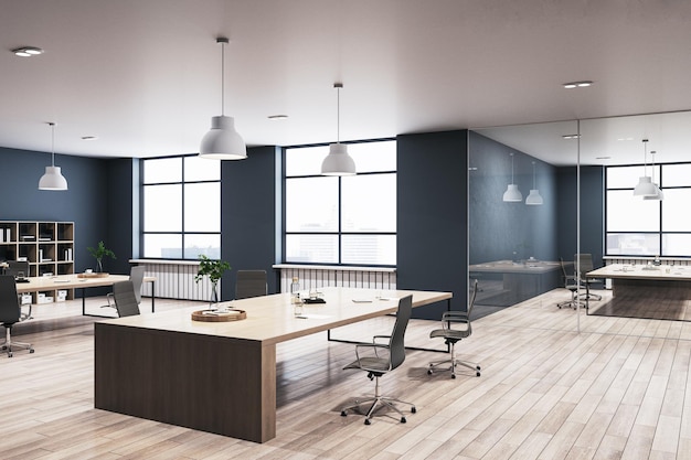 Interior de oficina de coworking de hormigón moderno con equipo de muebles de suelo de madera y ventana con vista a la ciudad Diseños de oficina Loft 3D Rendering