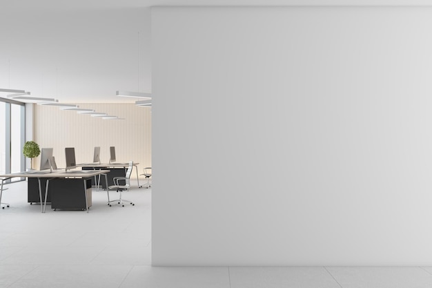 Interior de oficina de coworking de hormigón moderno con lugar de maqueta vacío de luz diurna en muebles y equipos de pared Mock up 3D Rendering