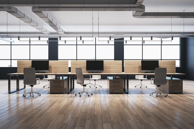 Interior de oficina de coworking de madera brillante con ventanas panorámicas y muebles y equipos de luz diurna Representación 3D