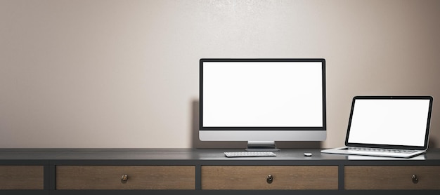 Interior de oficina de diseñador contemporáneo con monitores de computadora y portátil en blanco Mock up 3D Rendering