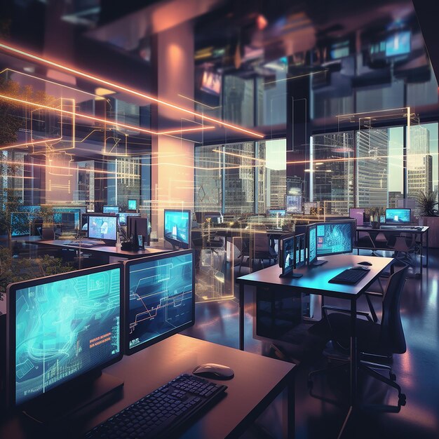 Interior de oficina de espacio abierto para cyberpunk