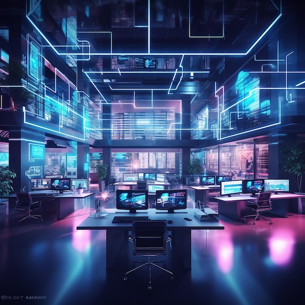Interior de oficina de espacio abierto para cyberpunk