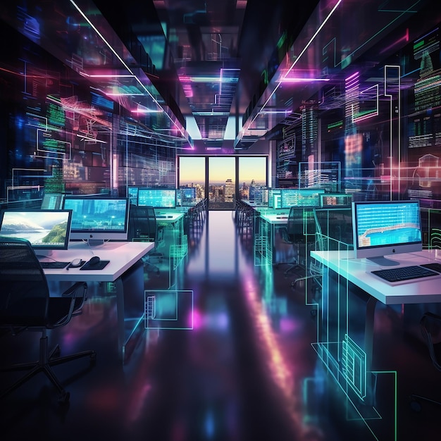 Foto interior de oficina de espacio abierto para cyberpunk