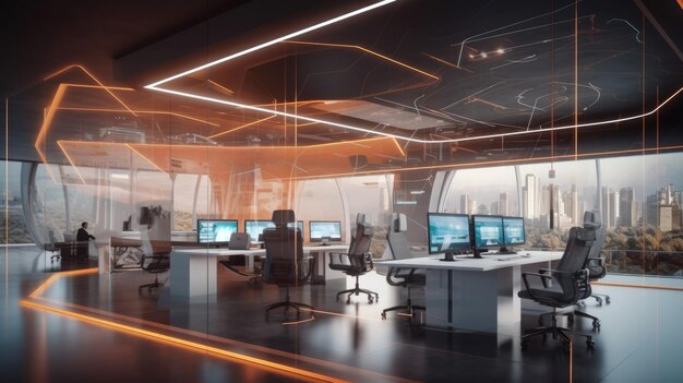 Foto interior de oficina de espacio abierto de tecnología futurista oficina corporativa para estrategia de marketing de operaciones financieras
