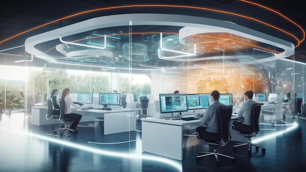 Foto interior de oficina de espacio abierto de tecnología futurista oficina corporativa para estrategia de marketing de operaciones financieras
