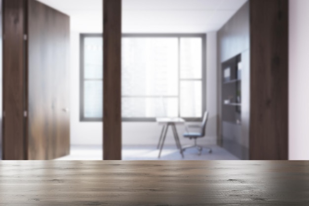 Interior de la oficina de un gerente con paredes blancas, piso de madera y una mesa con una librería. Una mesa en primer plano. Representación 3d maqueta borrosa