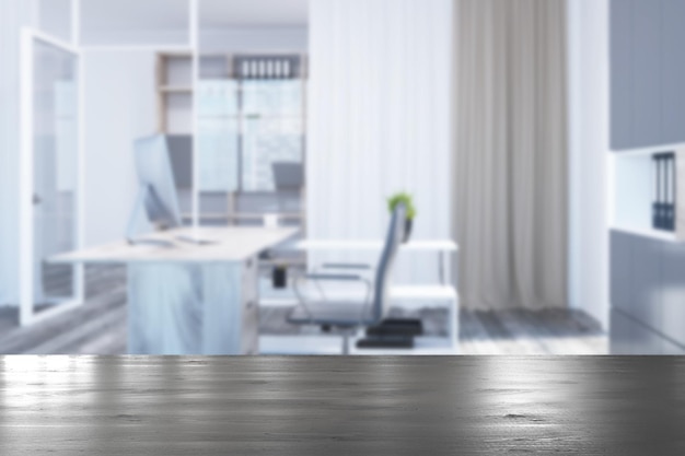 Foto interior de la oficina de un gerente con paredes blancas y de vidrio, piso de madera y una mesa con una librería. un fragmento de pared en blanco. representación 3d maqueta borrosa