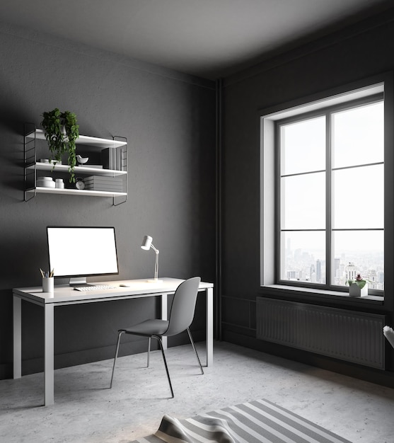 Interior de oficina gris oscuro con una mesa y una pantalla de computadora en blanco en una habitación hipster con una ventana grande. Estantería. Maqueta de renderizado 3d de vista lateral