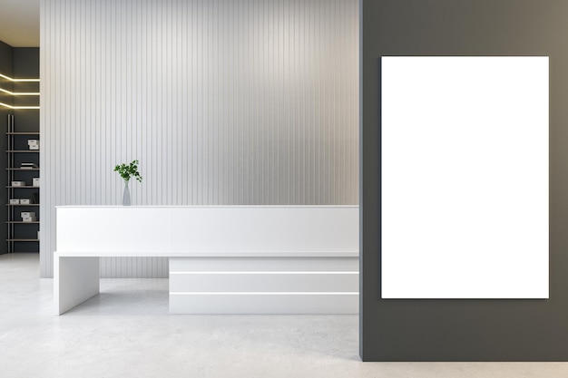 Interior de oficina de hormigón moderno con mostrador de recepción blanco y póster simulado en la pared Concepto de vestíbulo Representación 3D