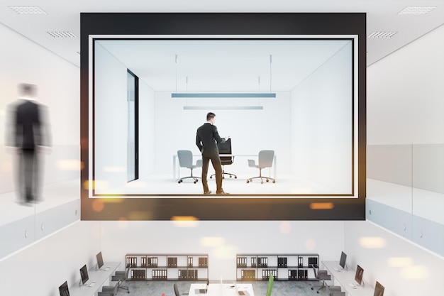 Interior de oficina de jefe de pared de vidrio y blanco en un edificio de dos pisos con una mesa grande y una silla de oficina. Gente de negocios. Representación 3d simulacro de imagen tonificada doble exposición borrosa