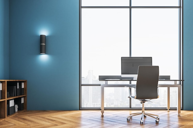Interior de oficina limpio con computadora en la mesa y vista a la ciudad Concepto de lugar de trabajo y estilo de vida Simulacro de renderizado 3D