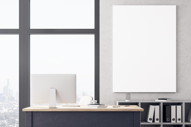 Interior de oficina de lujo con computadora de lugar de trabajo en la mesa y una pancarta en blanco en la pared Lugar de trabajo y concepto corporativo renderizado en 3D