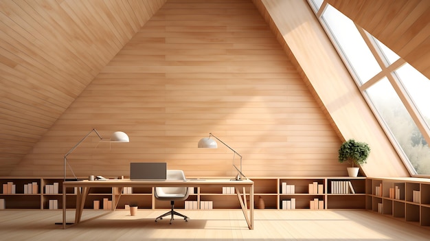 Interior de una oficina moderna de madera con paredes de madera, piso de madera y filas de mesas de computadora