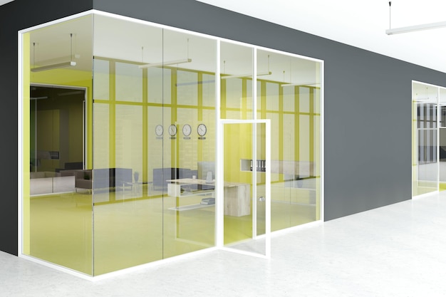 Foto interior de oficina moderno de color amarillo brillante con varios relojes en la pared y filas de mesas de ordenador. una pared y una puerta de cristal. un vestíbulo gris. una vista lateral. maqueta de renderizado 3d