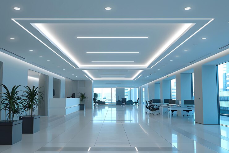 Interior de oficina moderno con diseño elegante y abundante luz natural