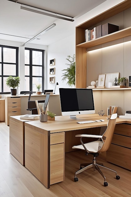 Foto interior de oficina moderno diseño del espacio de trabajo de materiales naturales