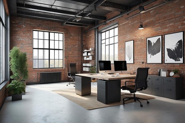 Interior de oficina moderno en estilo industrial de ático renderizado en 3D