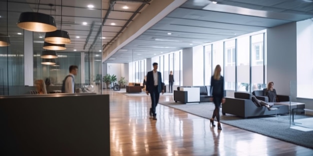 Interior de oficina moderno con gente de negocios ocupada caminando IA generativa AIG18