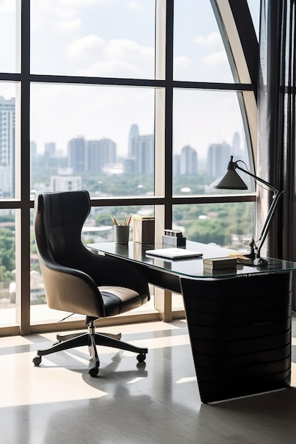 Interior de oficina moderno con grandes ventanas y vista a la ciudad