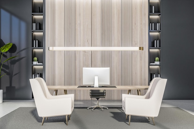Foto interior de oficina moderno con muebles y equipos concepto de lugar de trabajo representación 3d
