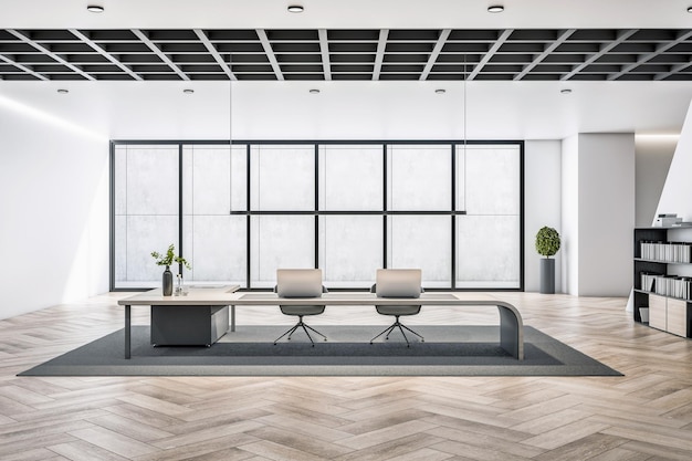Interior de oficina moderno con paredes de hormigón y madera y equipo de muebles de piso y luz del día Concepto de lugar de trabajo 3D Rendering