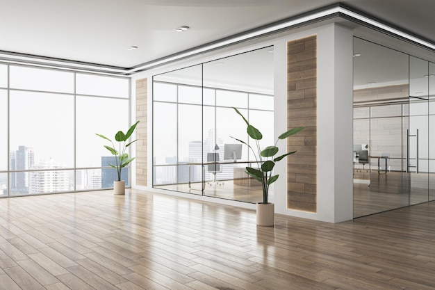 Foto interior de oficina moderno con particiones de vidrio suelo de madera y vista de la ciudad que transmite un concepto de lujo y espacio de trabajo profesional rendering 3d