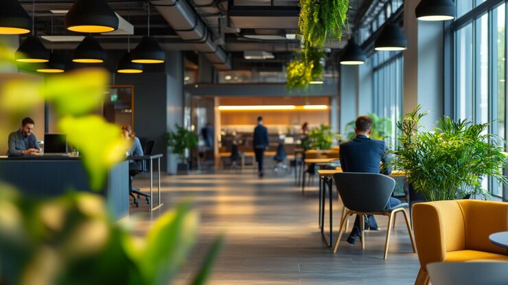 Interior de oficina moderno con plantas y personas que trabajan durante el día en un espacio colaborativo