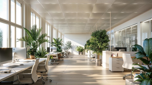 Interior de oficina moderno con plantas verdes escritorios y computadoras habitación vacía con diseño blanco tema de mesa de negocios espacio de trabajo espacio de trabajo