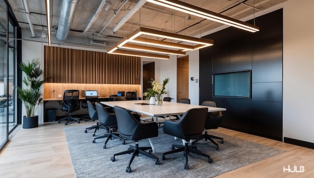 Interior de oficina moderno que muestra un diseño de espacio de trabajo colaborativo