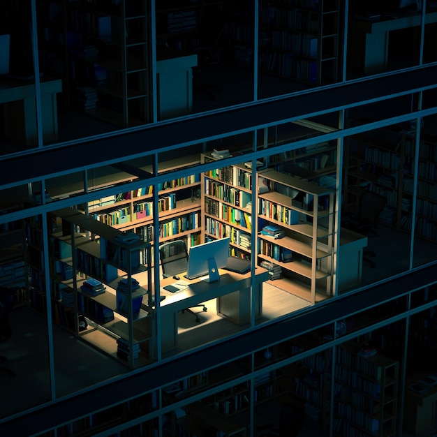 Interior de la oficina por la noche visto a través de una ventana de cristal