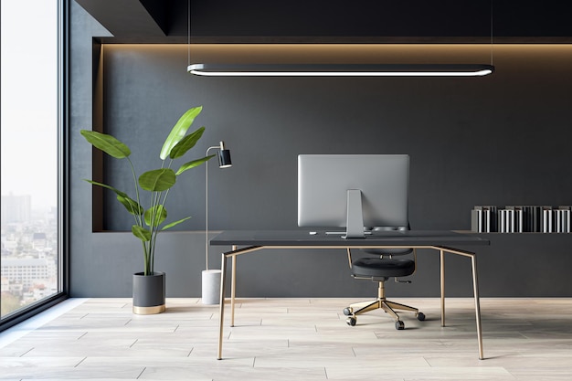 Interior de oficina oscuro contemporáneo con muebles y ventanas panorámicas con vista a la ciudad y luz del día 3D Rendering