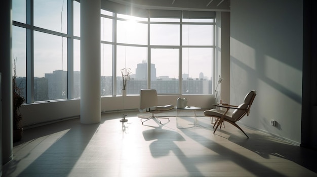 Interior de la oficina panorámica del director general con paredes blancas y suelo de hormigón