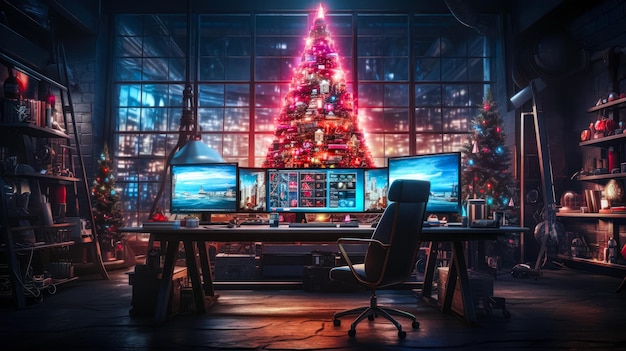 Interior de la oficina de un programador decorado para Navidad con una postal de árbol de Navidad