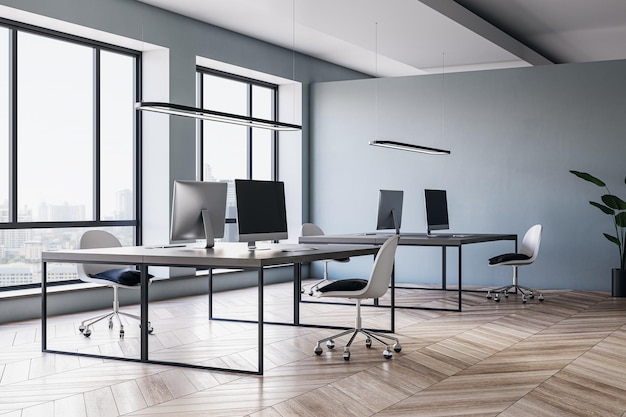 Interior de la oficina de la sala de reuniones contemporánea con pisos de madera, muebles, ventanas de computadoras con vista a la ciudad Ley del lugar de trabajo y concepto legal Representación 3D