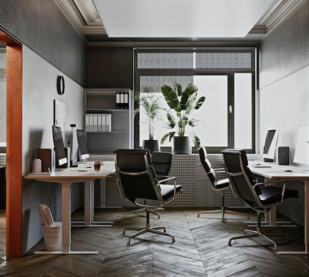 Interior de oficina con sillas negras y decoración de escritorios blancos ajustables con plantas 3d render