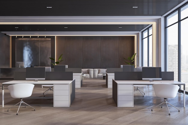 Interior de oficina sofisticado con elementos de madera oscura y amplia vista de la ciudad Rendering 3D