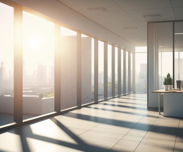 Interior de oficina vacío moderno con vista panorámica de la ciudad y luz solar