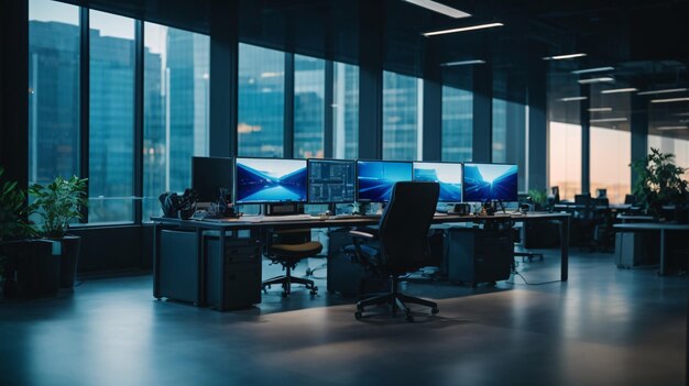 Interior de oficina con ventanas panorámicas y vista a la ciudad Concepto de lugar de trabajo y tecnología