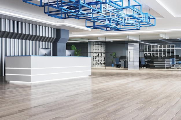 Interior de oficina de vidrio moderno con piso de madera en la recepción y techo azul creativo Concepto de vestíbulo y área de espera Rendering 3D