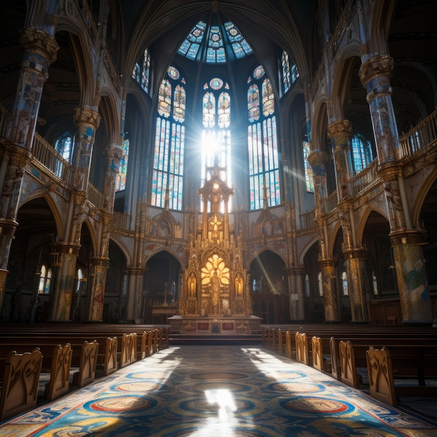 Interior ornamentado de la iglesia con vidrieras