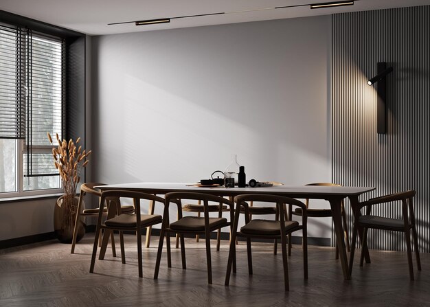 Interior oscuro con mesa de comedor y sillas 3d render ilustración fondo maqueta