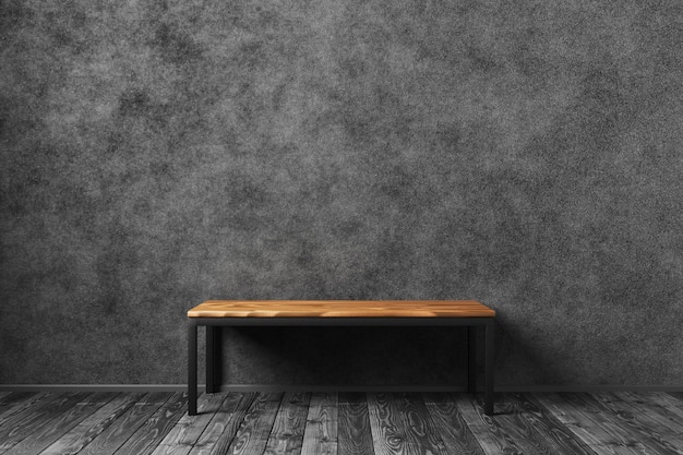 Interior oscuro para su diseño. Mesa de madera para su diseño en un muro de hormigón oscuro. Render 3d