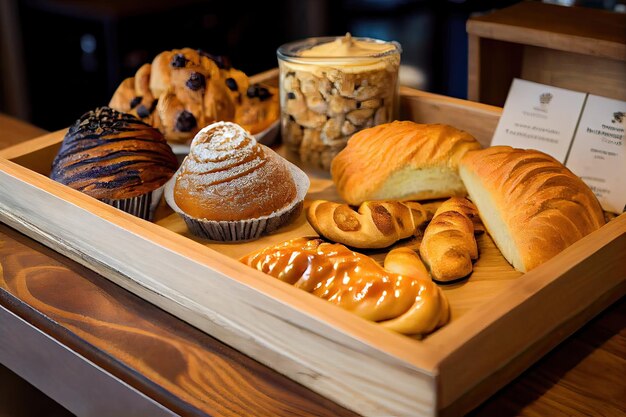 Foto interior de la panadería con mostradores llenos de pan y pasteles deliciosos tienda de pastelería o b