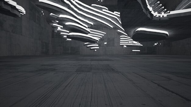 Interior paramétrico abstrato branco e concreto com ilustração e renderização 3D da janela