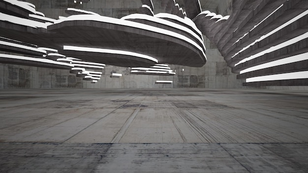 Interior paramétrico abstrato branco e concreto com ilustração e renderização 3D da janela