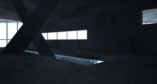Interior paramétrico abstrato branco e concreto com ilustração e renderização 3D da janela