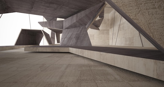 Interior paramétrico abstrato branco e concreto com ilustração e renderização 3D da janela