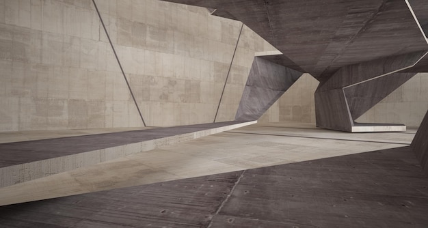 Interior paramétrico abstrato branco e concreto com ilustração e renderização 3D da janela