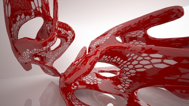 Interior paramétrico abstrato branco e vermelho com janela ilustração 3D e renderização