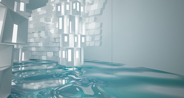 Interior paramétrico abstrato de água branca e azul com ilustração e renderização em 3D de janela